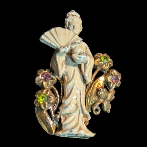 Vintage Geisha Fan Pin Brooch With Rhinestones Floral Gold Tone 1.75" Oriental C - Picture 1 of 6